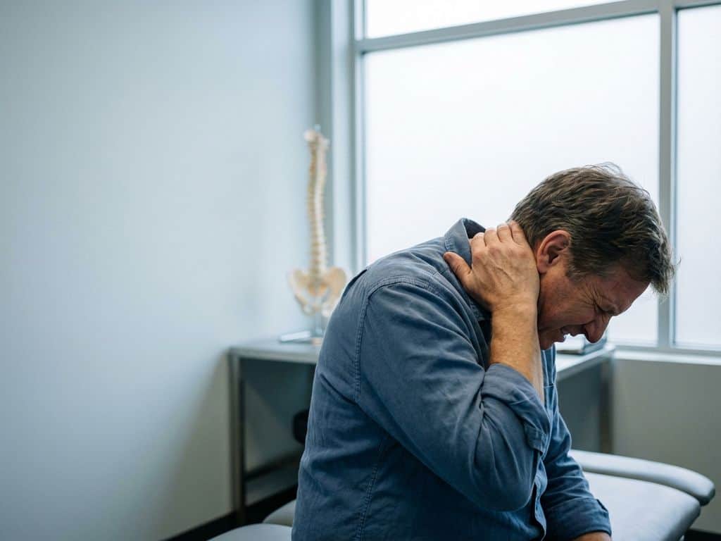 Persoon met nekpijn zit op onderzoekstafel in kliniek, hand op achterhoofd, wervelkolommodel op achtergrond