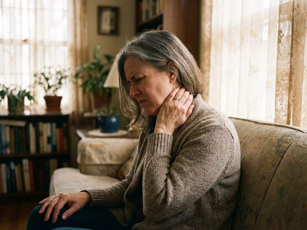Persoon op bank grijpt pijnlijk naar nek met slappe arm op schoot, zachte middaglicht door gordijnen in woonkamer