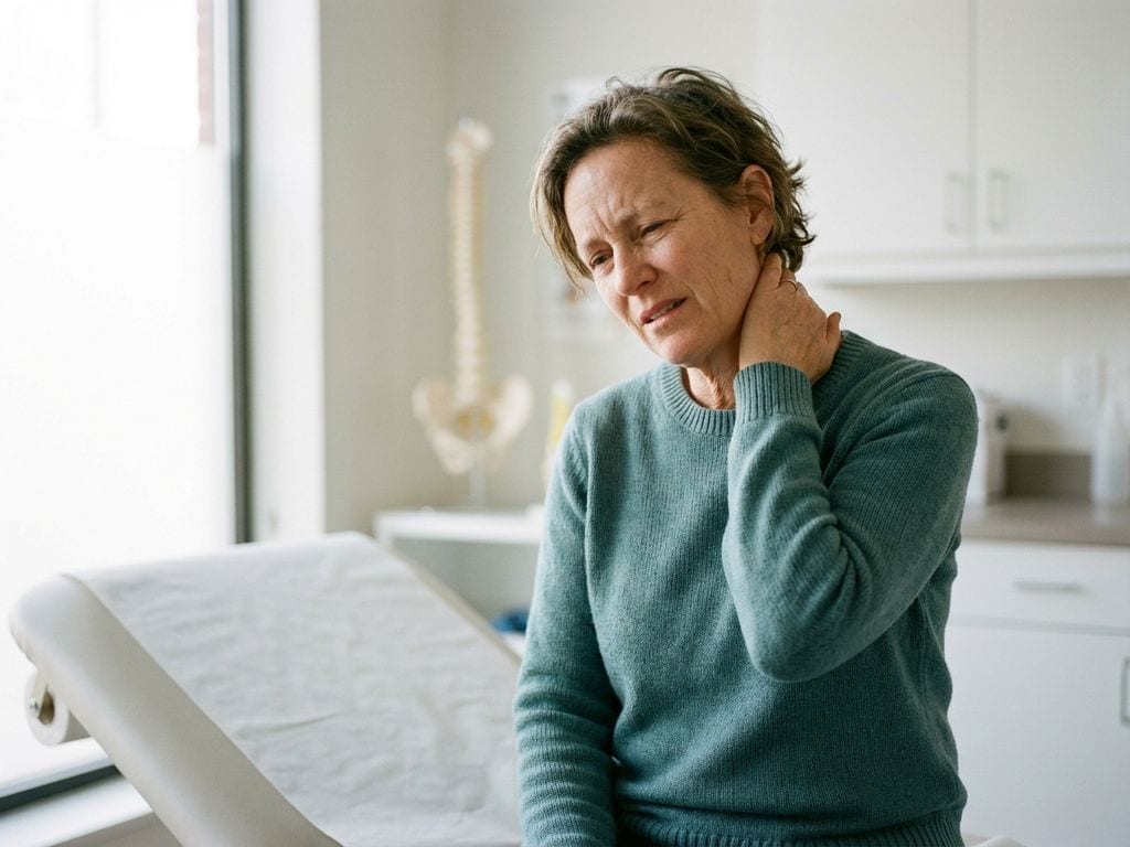Persoon van middelbare leeftijd houdt nek vast met lichte pijn op onderzoekstafel in medische praktijk