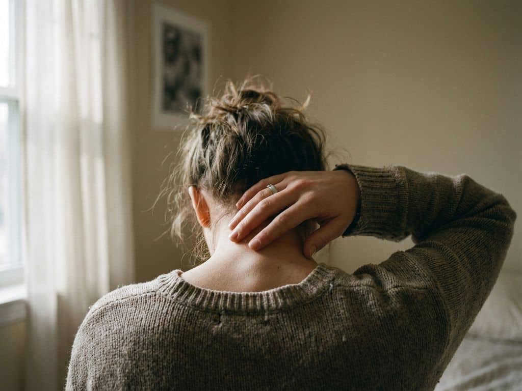 Persoon houdt achterkant van nek vast, vingers drukken op gespannen spieren, zacht daglicht werpt schaduwen op blote huid