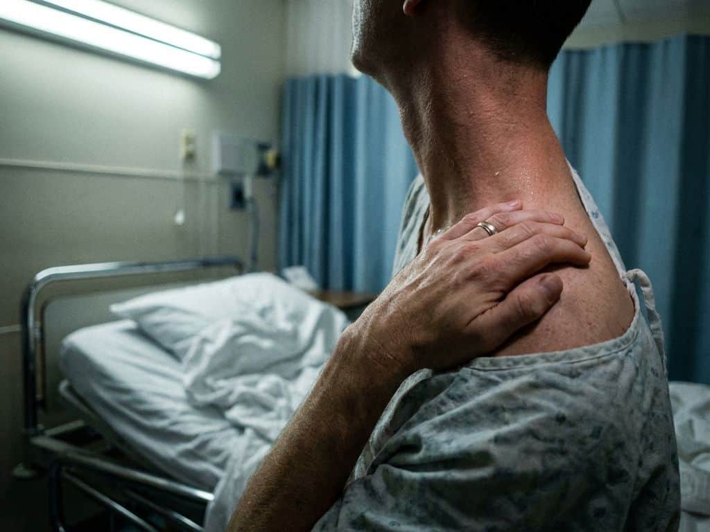 Persoon houdt pijnlijke nek vast op spoedafdeling ziekenhuisbed, vingers drukken op gespannen spieren onder tl-verlichting