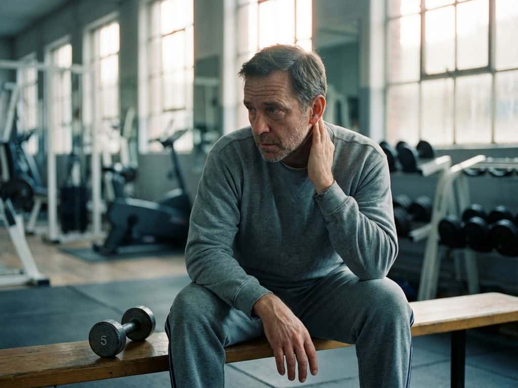 Persoon op fitnessbank raakt nadenkend achterkant van nek aan, halter naast zich, zacht ochtendlicht door gymramen.