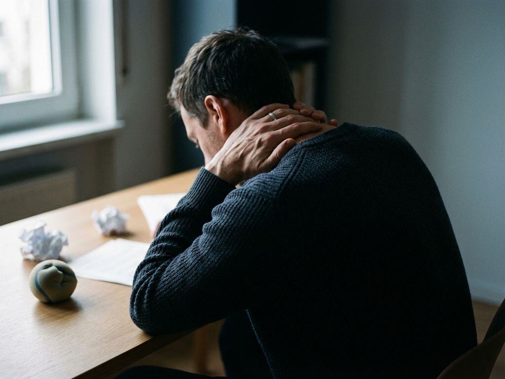 Persoon aan bureau grijpt gespannen nek vast, schouders opgetrokken, verfrommelde stressbal op tafel, dramatische zijverlichting