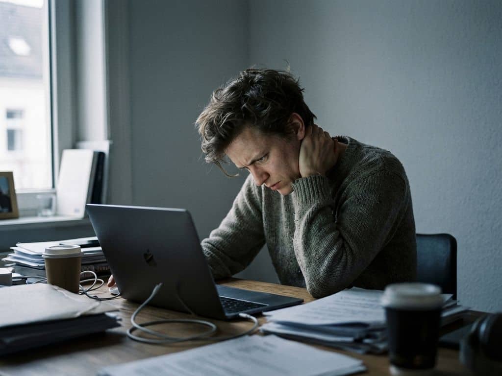 Jonge professional met nekpijn door slechte houding achter laptop aan rommelig thuiskantoor, hand op gespannen nek