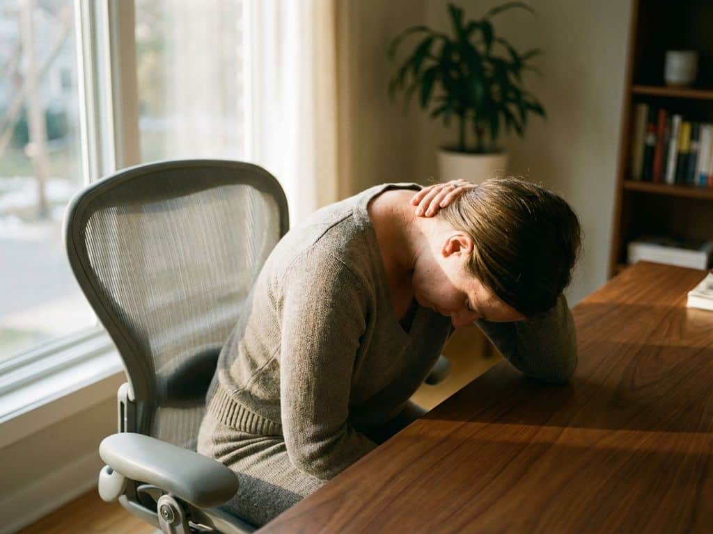 Vrouw met slechte houding aan bureau raakt pijnlijke nek aan, natuurlijk licht door raam, ergonomische stoel op achtergrond