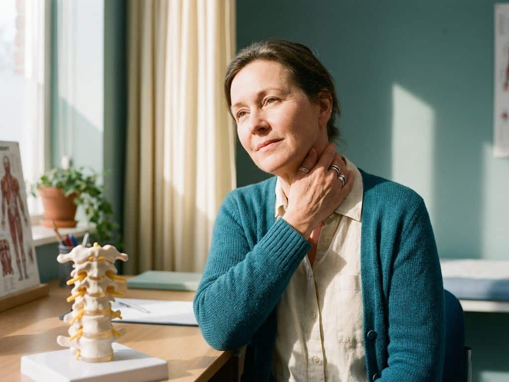 Persoon houdt achterkant van nek vast naast anatomisch wervelkolommodel op medisch bureau in warm natuurlijk licht