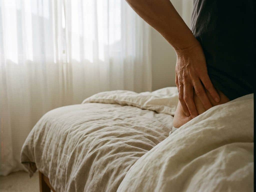 Hand masseert gespannen nekspieren in slaapkamer met zacht ochtendlicht door vitrage, close-up met ondiepe scherptediepte