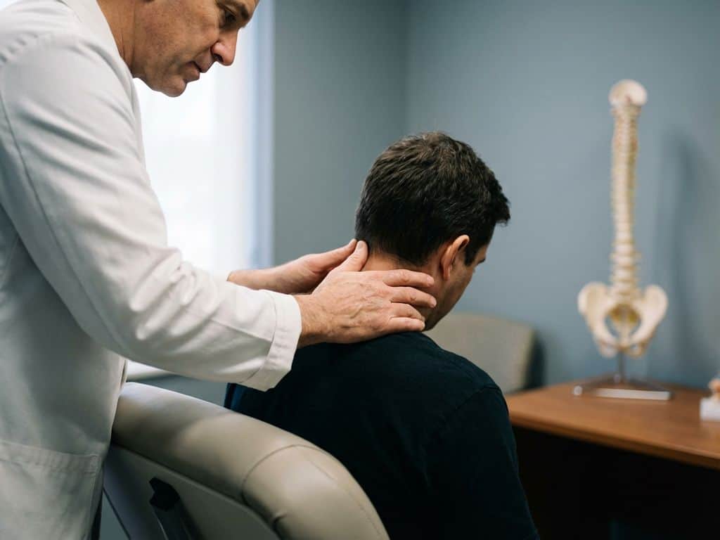 Neuroloog onderzoekt voorzichtig de nek van een patiënt in een medische praktijk met wervelkolommodel op de achtergrond