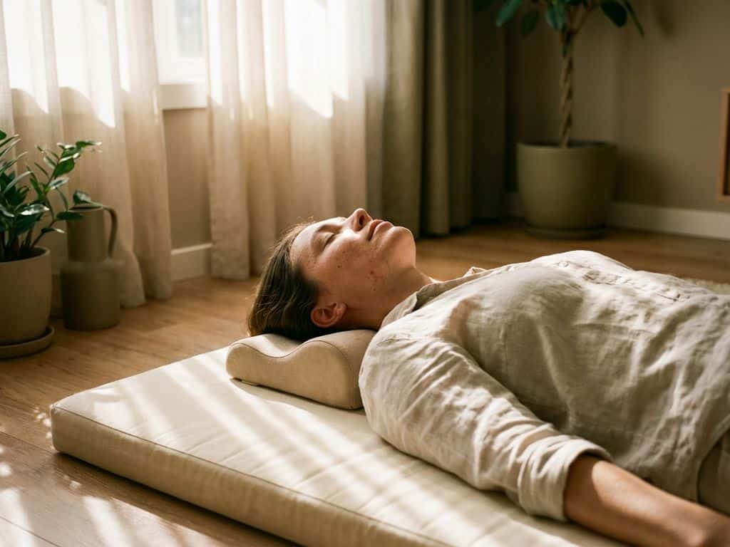 Persoon ligt ontspannen op therapiemat met gesloten ogen, hand op borst, warm zonlicht door gordijnen in serene slaapkamer