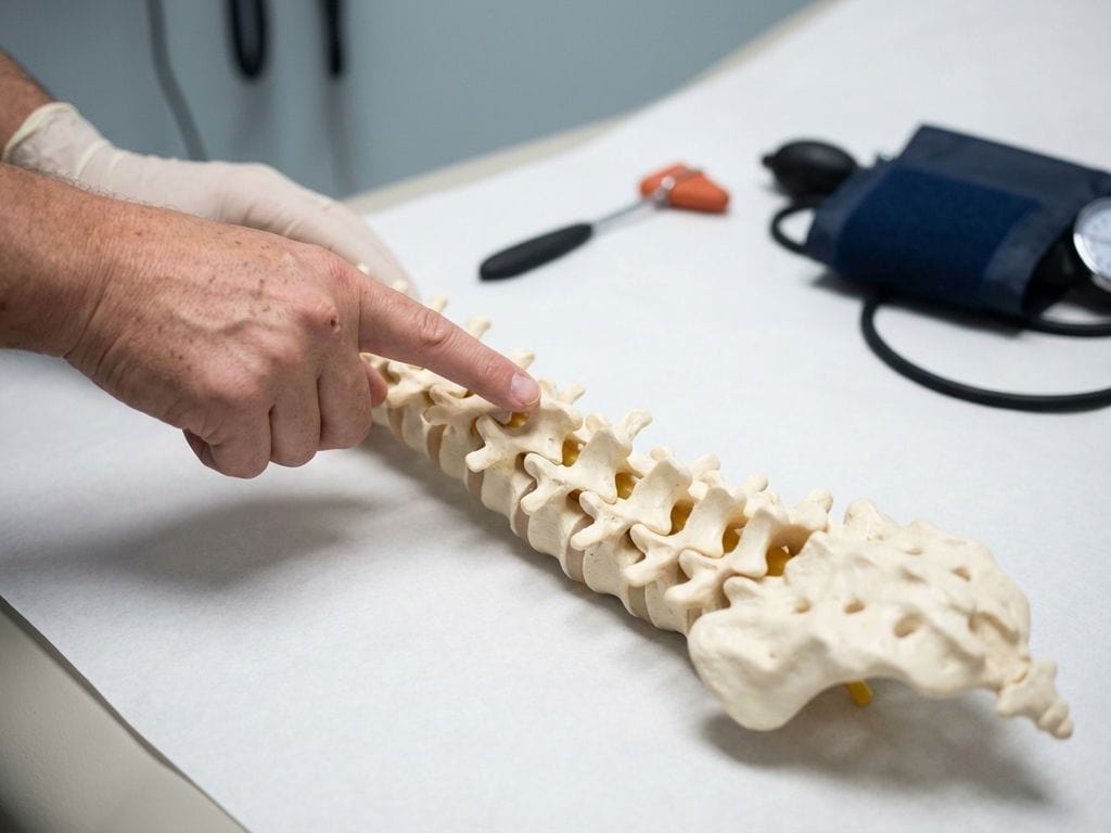 Anatomisch wervelkolommodel op onderzoekstafel met artsenhand die naar cervicale wervels wijst in medische omgeving