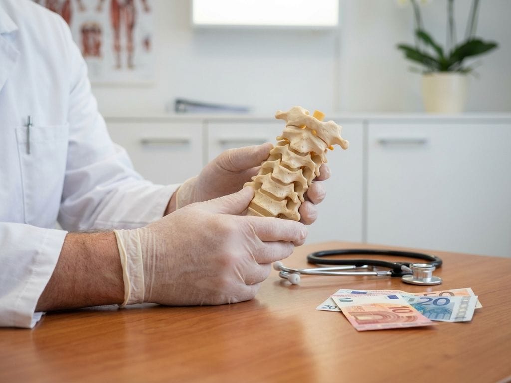 Doktershanden onderzoeken anatomisch wervelkolommodel met cervicale wervels op bureau naast stethoscoop en eurobiljetten