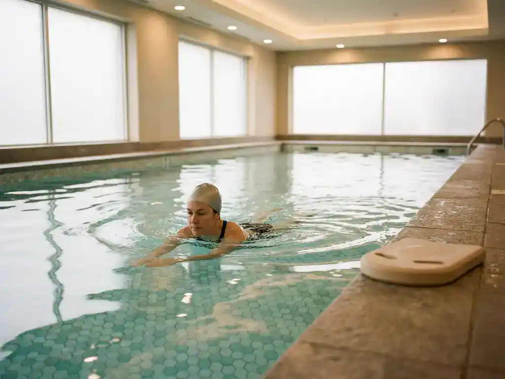 Zwemmer van middelbare leeftijd doet schoolslag in rustig therapiebad met helder water en zachte verlichting