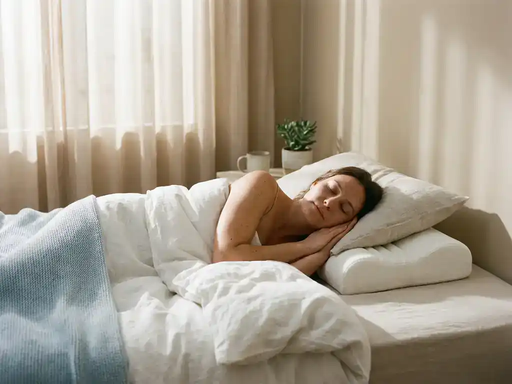 Persoon ligt op zij op wit beddengoed met ergonomisch neksteunkussen in zachte ochtendzon.