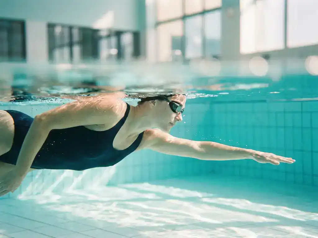 Zwemmer in perfecte crawlslag door helder turquoise zwembadwater, hoofd gedraaid voor ademhaling met ontspannen nekhouding