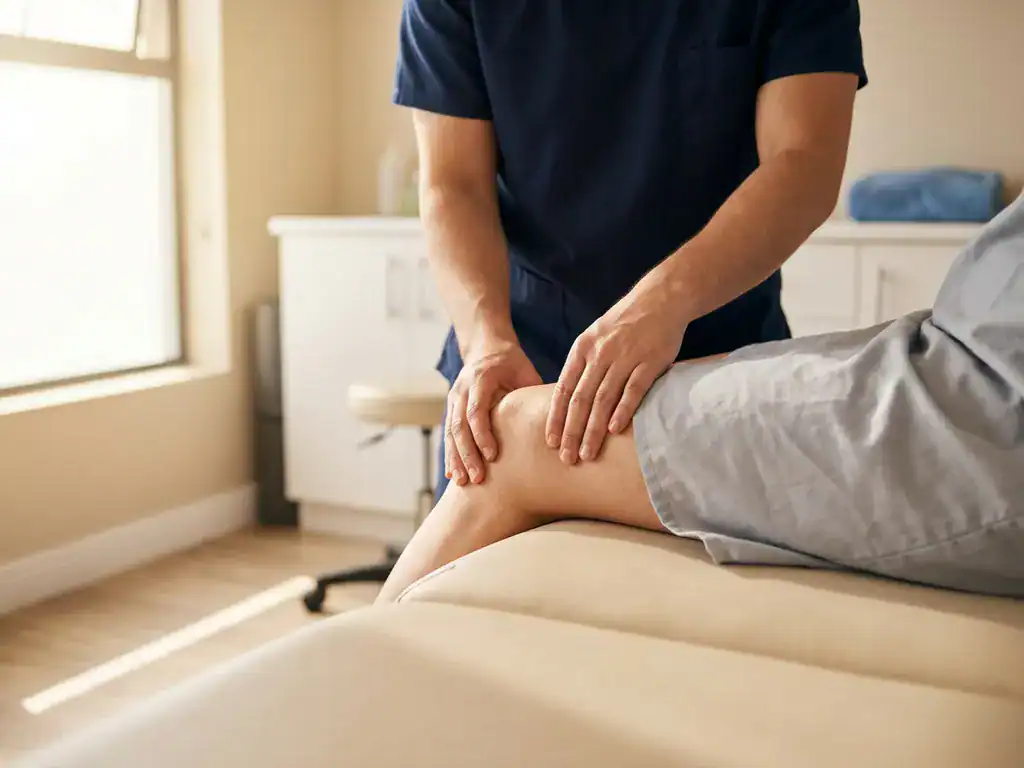 Fysiotherapeut onderzoekt knie van patiënt tijdens behandeling in lichte kliniek