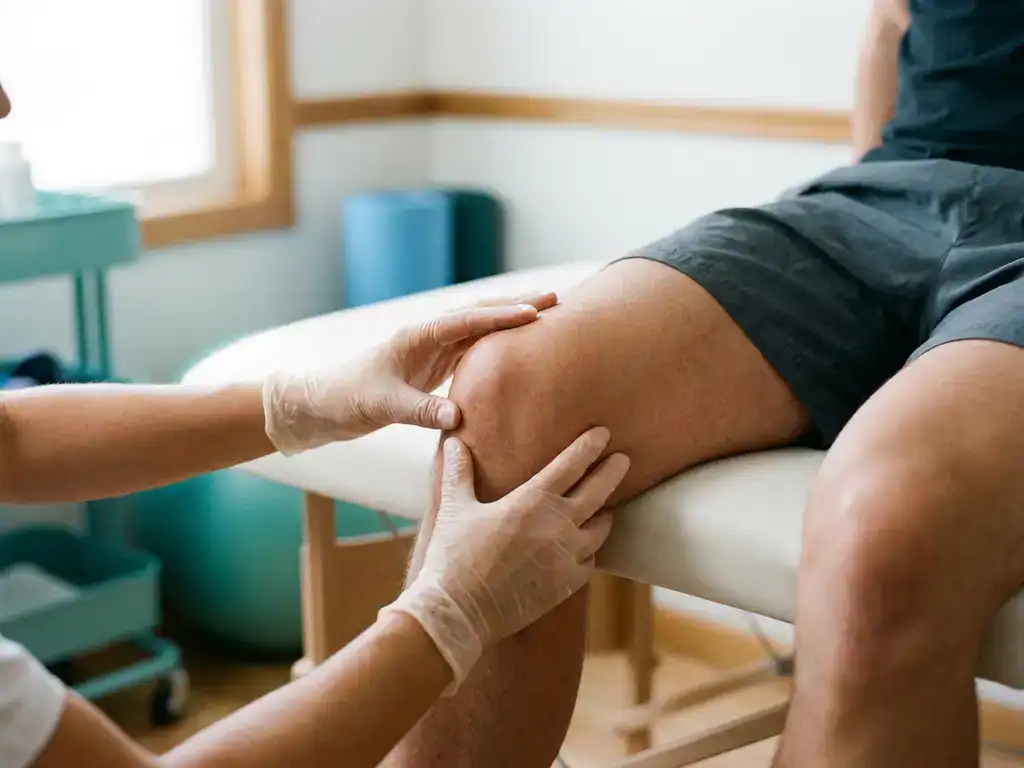 Fysiotherapeut onderzoekt knie van patiënt op behandeltafel in klinische setting met natuurlijk licht