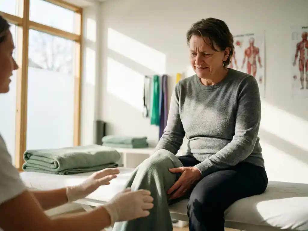 Patiënt raakt bezorgd eigen knie aan op behandeltafel terwijl fysiotherapeut voorbereidingen treft voor onderzoek in lichte kliniek