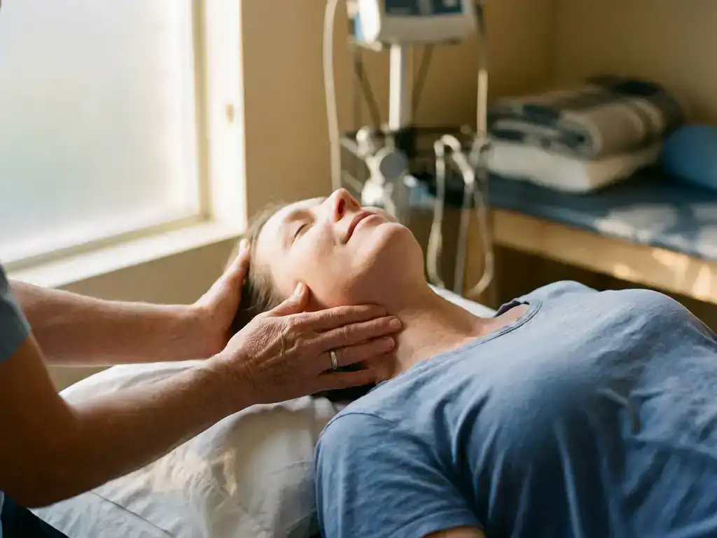 Fysiotherapeut voert handmatige nektherapie uit op ontspannen patiënt in behandelkamer met natuurlijk licht