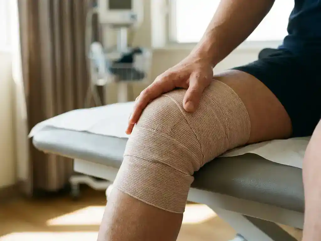 Knie gewikkeld in beige elastisch verband met hand erop rustend op fysiotherapietafel in natuurlijk licht
