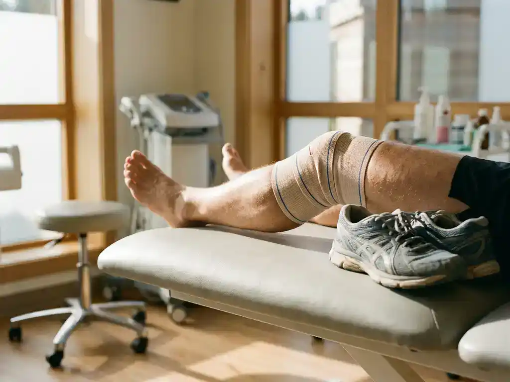 Knie van hardloper met blauwe compressieband op behandeltafel in fysiotherapiepraktijk, hardloopschoenen ernaast