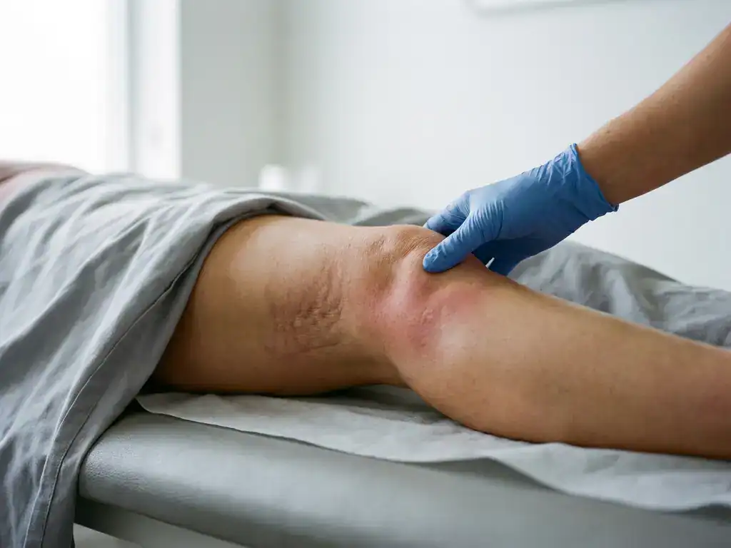Fysiotherapeut onderzoekt menselijke knie met roodheid en zwelling tijdens klinische beoordeling