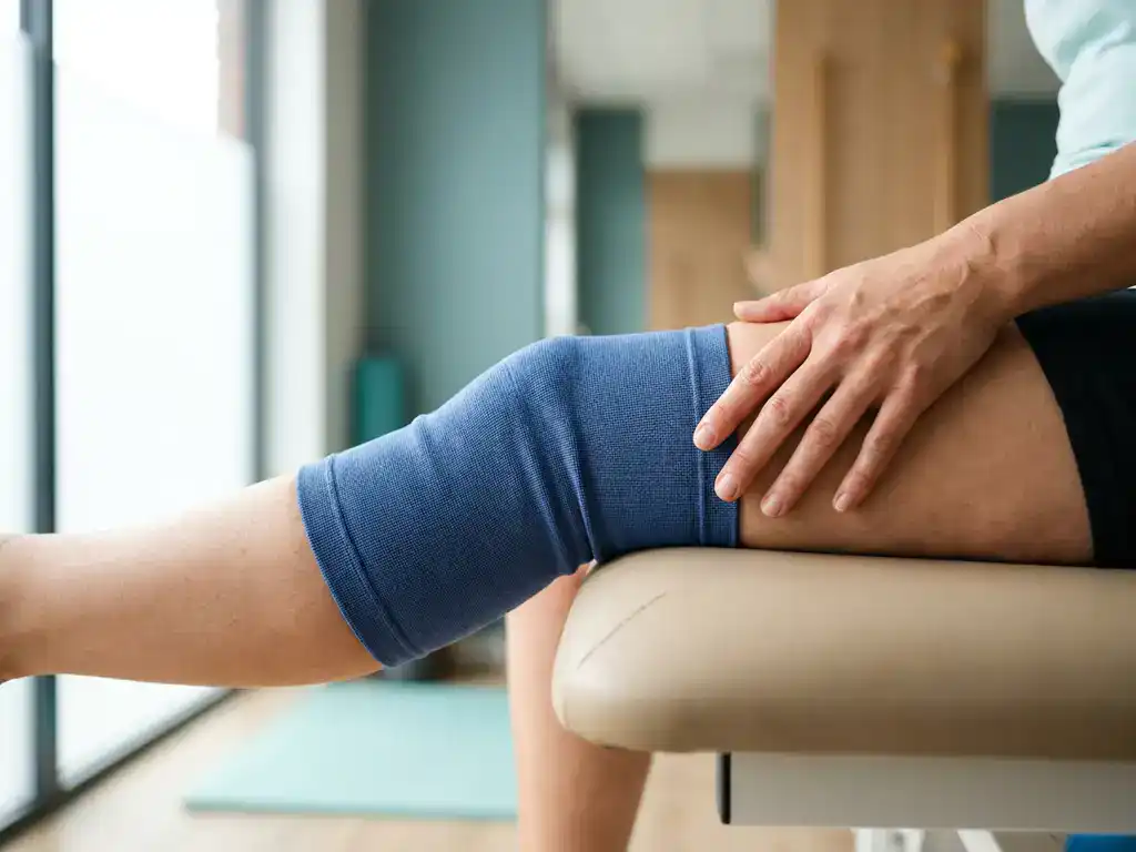 Knie in blauwe compressiesleeve tijdens beenstrekeoefeningop behandelbank in fysiotherapiepraktijk