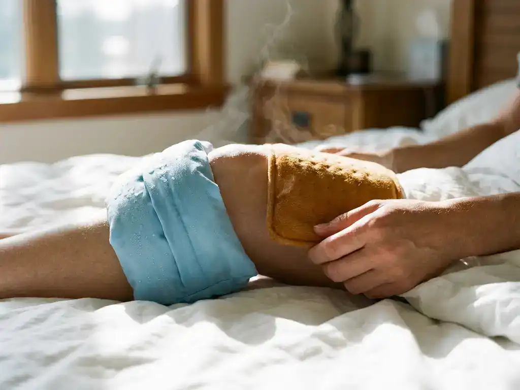 Knie met ijspak en warmtekussen op wit beddengoed, condensatie en stoom zichtbaar in natuurlijk daglicht