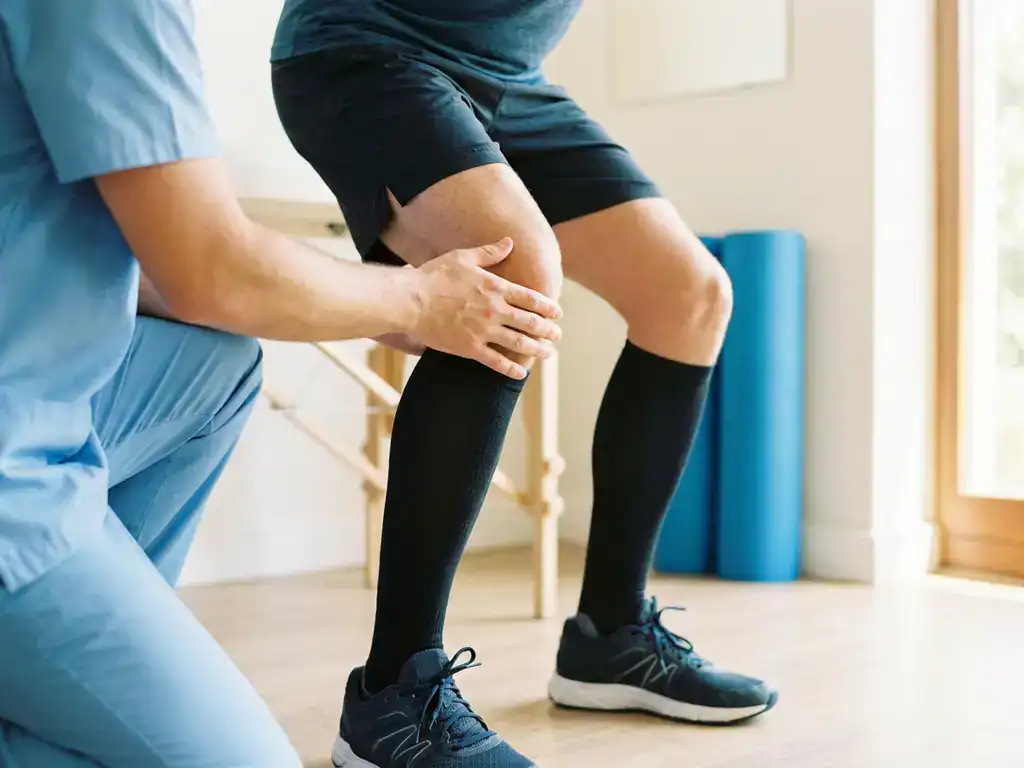 Persoon voert squat uit met correcte kniestand onder begeleiding van fysiotherapeut in lichte kliniek