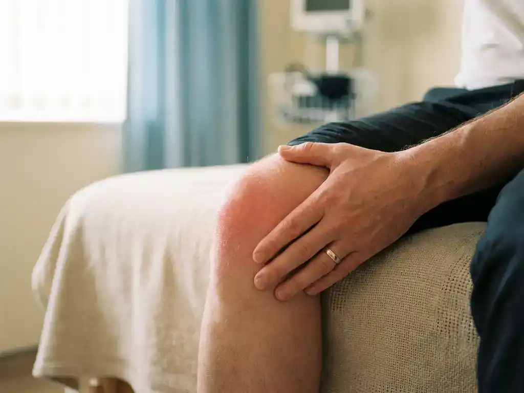 Hand rust op knie met roodheid tijdens fysiotherapie behandeling in klinische setting