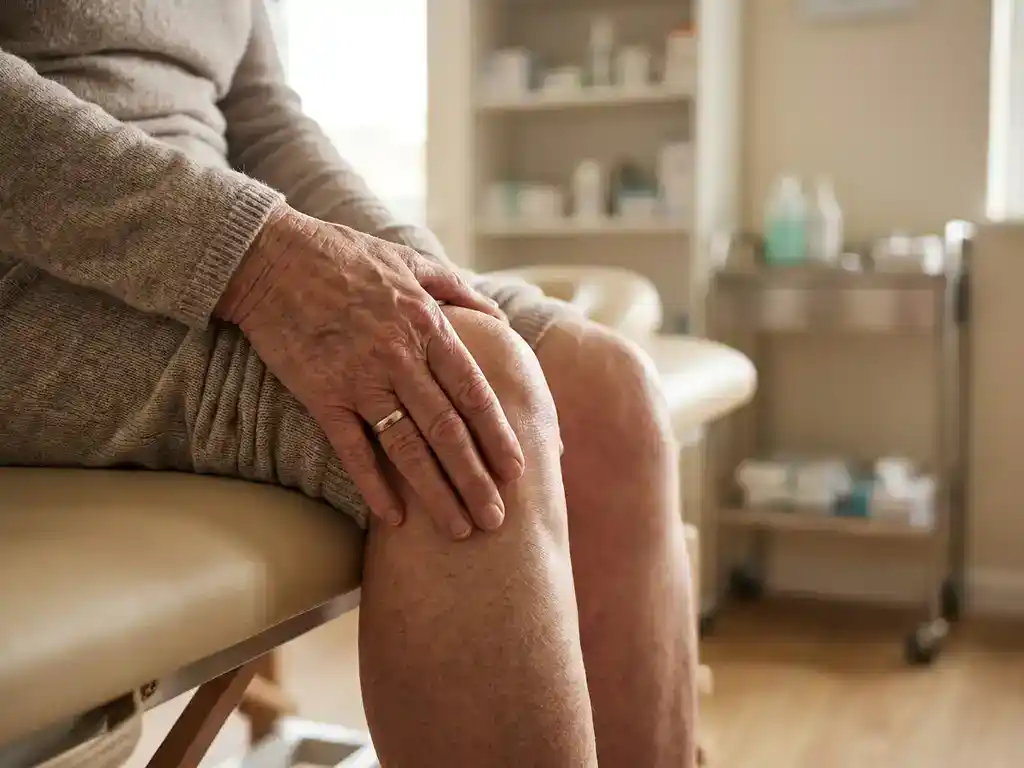Persoon raakt bezorgd knie aan op fysiotherapie behandeltafel in klinische setting