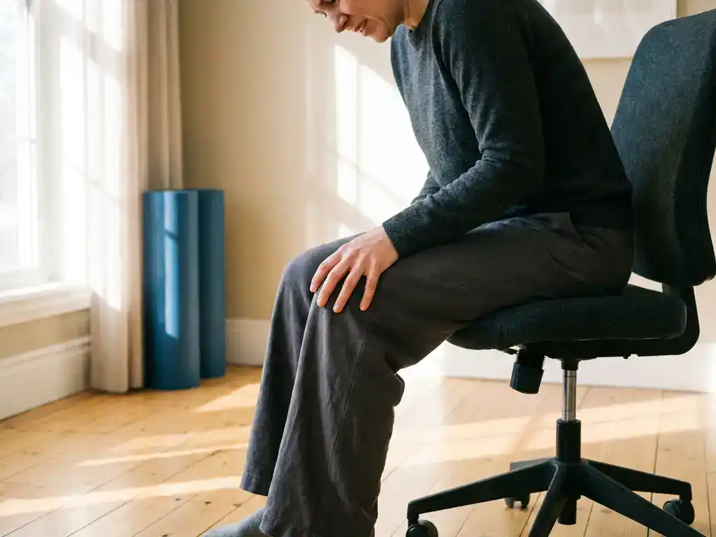 Persoon zit voorovergebogen op ergonomische bureaustoel, hand op knie met pijnlijke uitdrukking in fysiotherapiekliniek