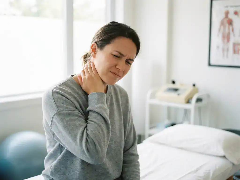 Persoon met nekpijn zit op behandeltafel in fysiotherapie kliniek met hand tegen nek en pijnlijke gezichtsuitdrukking