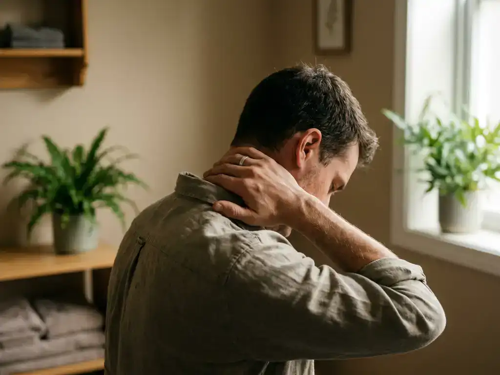Persoon met gespannen schouders en hand in nek zittend aan bureau in fysiotherapieruimte met natuurlijk licht