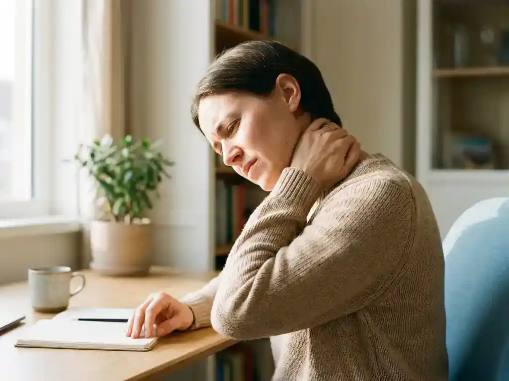Persoon raakt pijnlijke nek aan terwijl hij aan houten bureau zit in rustig kantoor met ochtendlicht