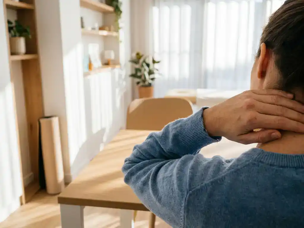 Persoon masseert eigen nek aan houten bureau in lichte fysiotherapieruimte met yogamat op achtergrond