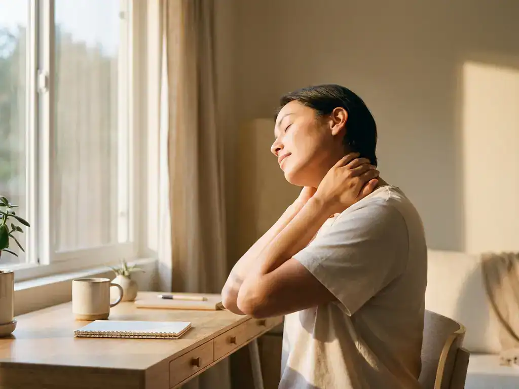 Persoon masseert eigen nek met gesloten ogen aan minimalistische bureau, zachte middagzon creëert warme natuurlijke belichting.