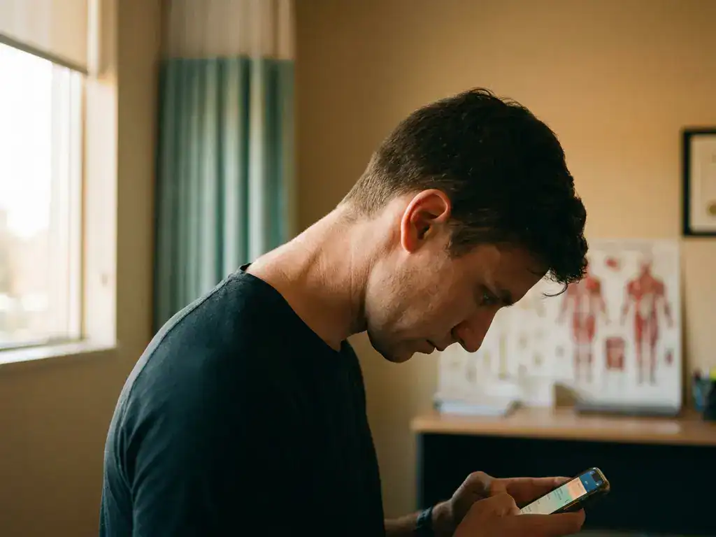 Persoon met smartphone buigt nek scherp naar beneden, waardoor cervicale wervels en gespannen nekspieren zichtbaar zijn