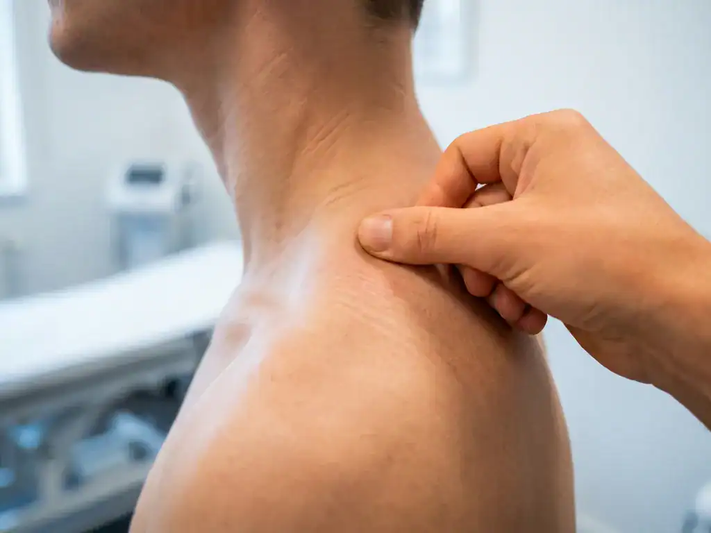 Hand masseert gespannen trapezius spier bij nek en schouder in klinische behandelruimte